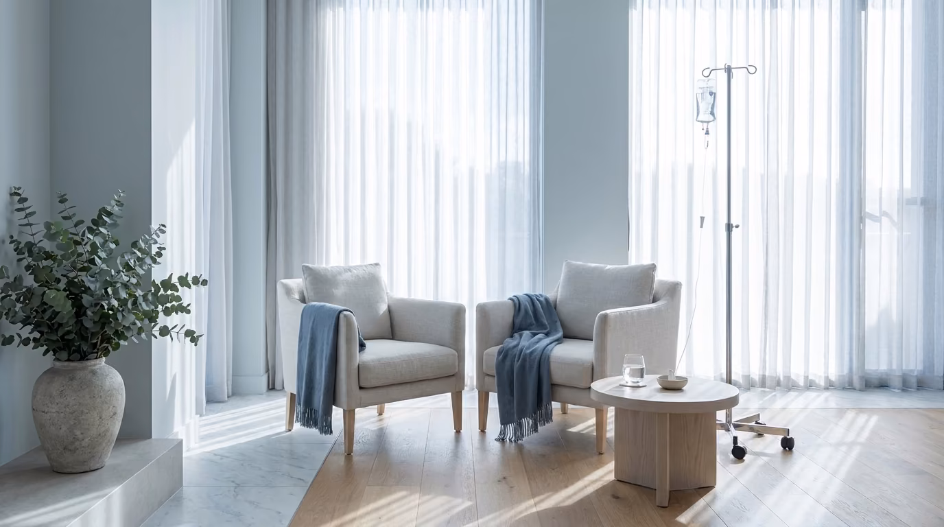 A calm, light-filled living room prepared for an at-home treatment: two pale linen armchairs with folded throws beside tall sheer-curtained windows, a chrome infusion stand to one side and eucalyptus in a stone vase