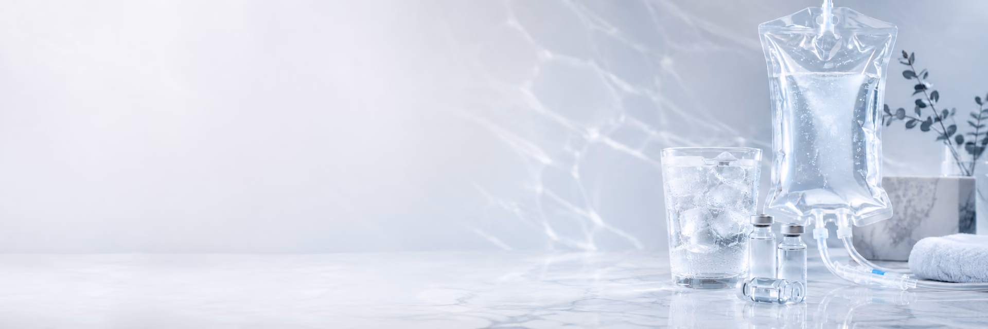 An intravenous fluid bag of clear solution beside a glass of iced water and two small capped vials on white marble, with rippled light on the wall behind