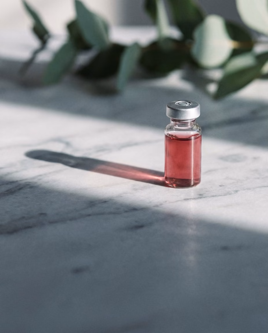 A single small unlabeled glass vial of deep rose-pink fluid standing in a shaft of morning light, its shadow long and clean