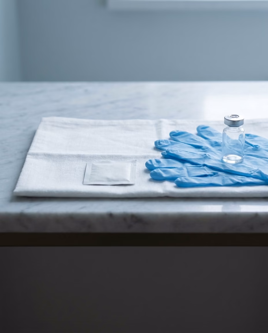 A sterile field laid out on pale marble with precise spacing: a folded white cloth, a sealed swab, clean gloves and a small unlabeled vial
