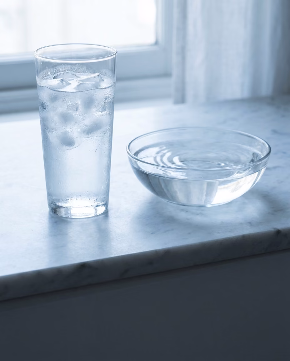 A tall glass of iced water beaded with condensation beside a shallow bowl of still water on pale marble