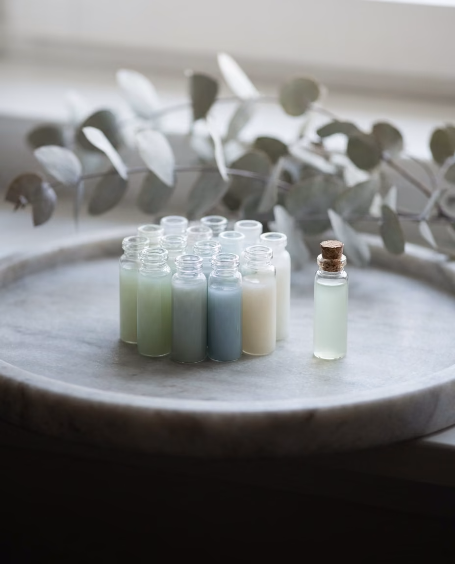 A cluster of unlabeled glass vials in varied pale colors on a marble tray, one standing slightly apart from the rest