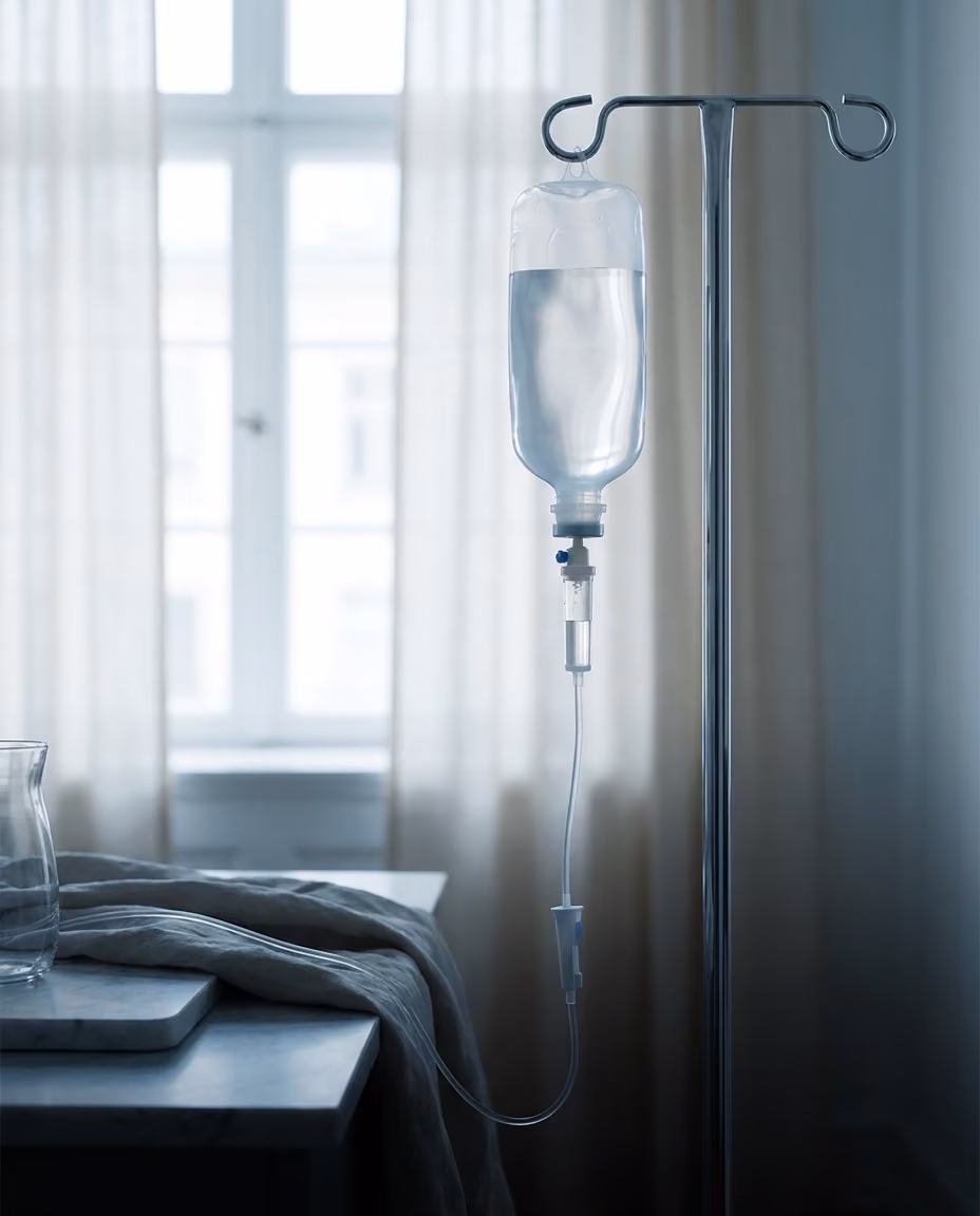 A clear intravenous fluid bag hanging from a chrome stand with the drip chamber and line below, in a calm bright room