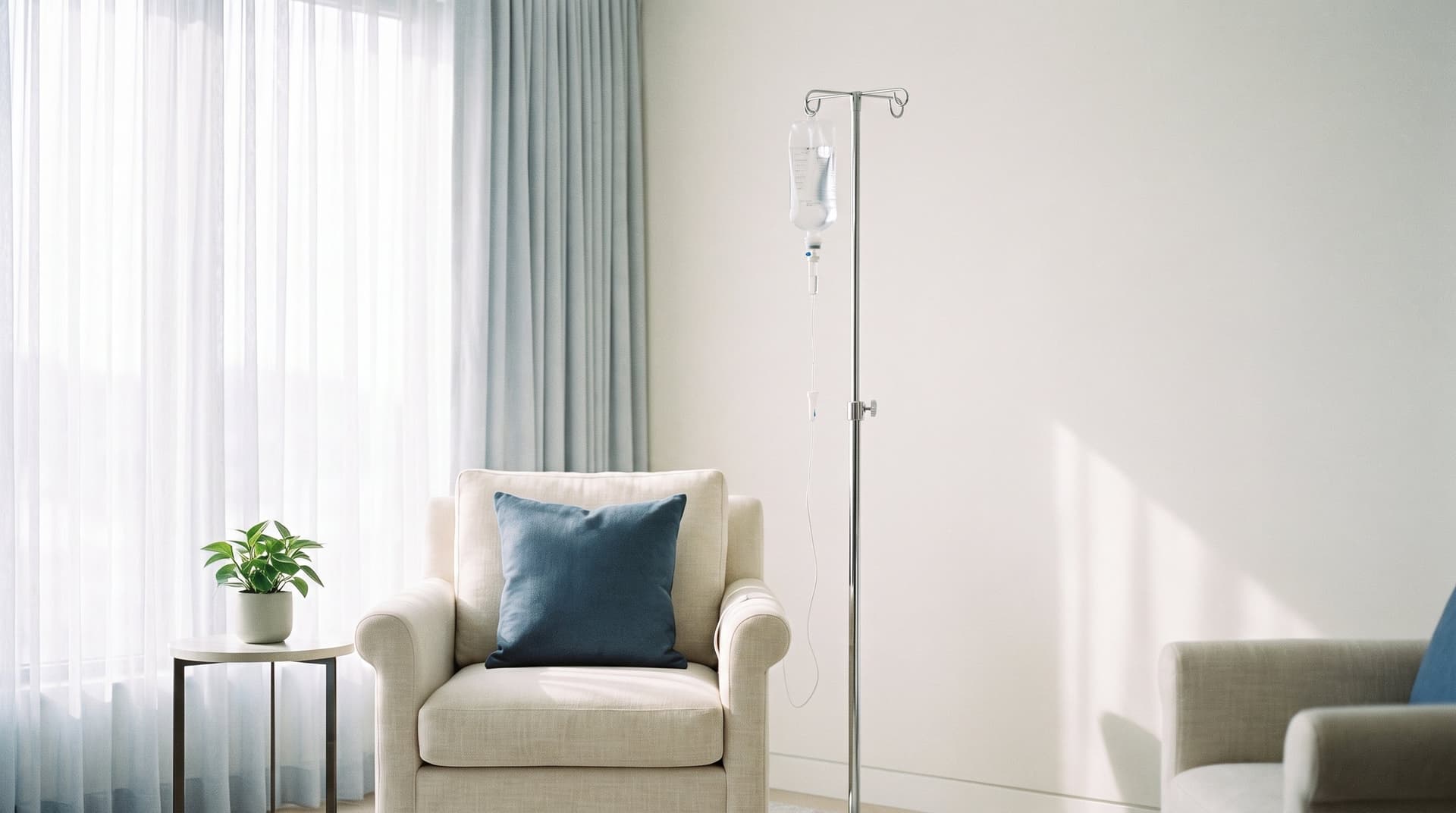 A cream armchair beside a window with an IV stand set up in a bright, calm living room, ready for an at-home wellness appointment