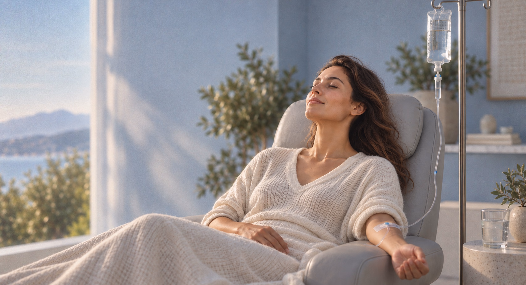 A woman resting in a pale grey recliner with her eyes closed and a cream blanket over her lap, receiving an IV infusion at home beside a window looking out to the sea