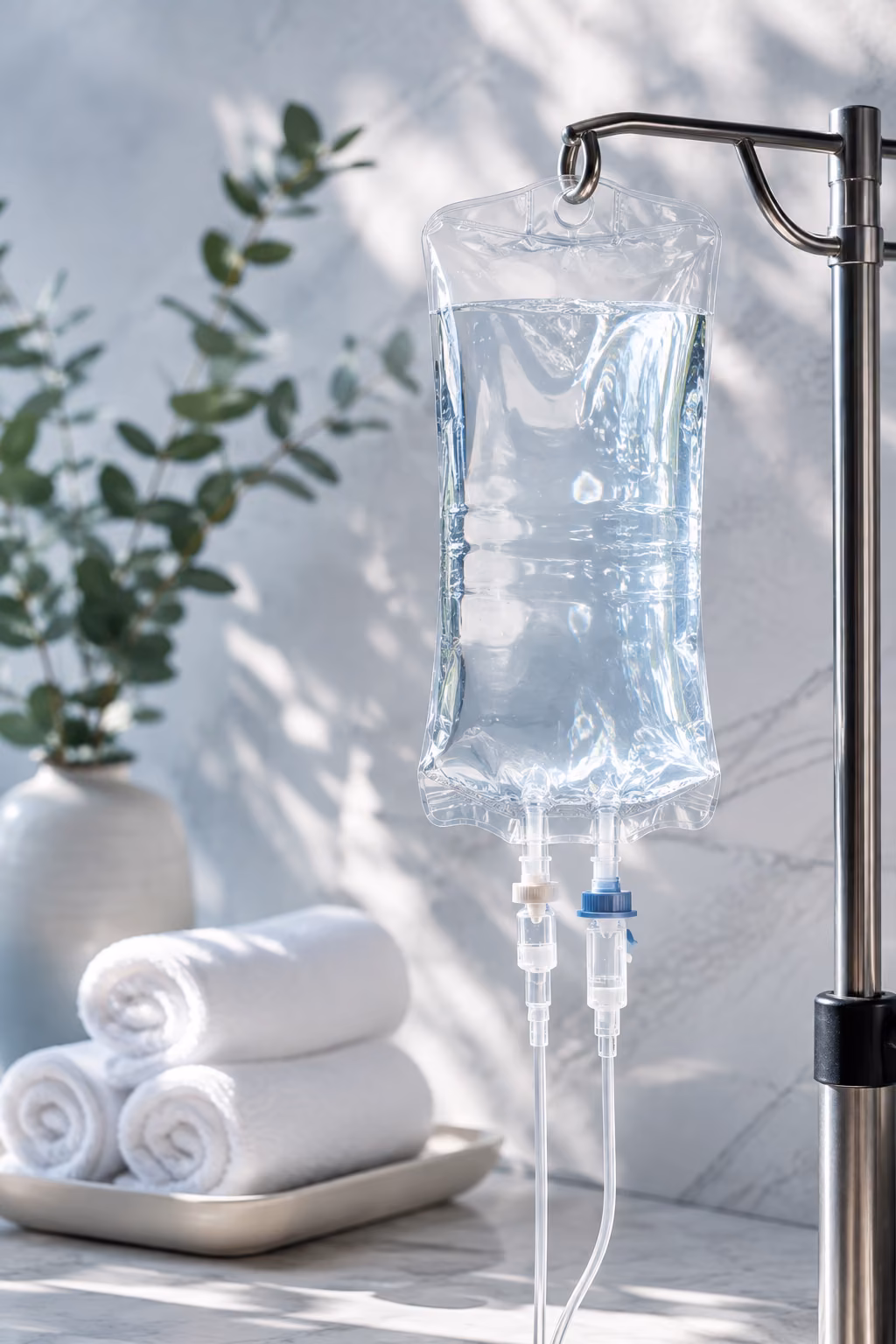 An intravenous fluid bag hanging from a chrome stand beside rolled white towels and a sprig of eucalyptus on pale marble