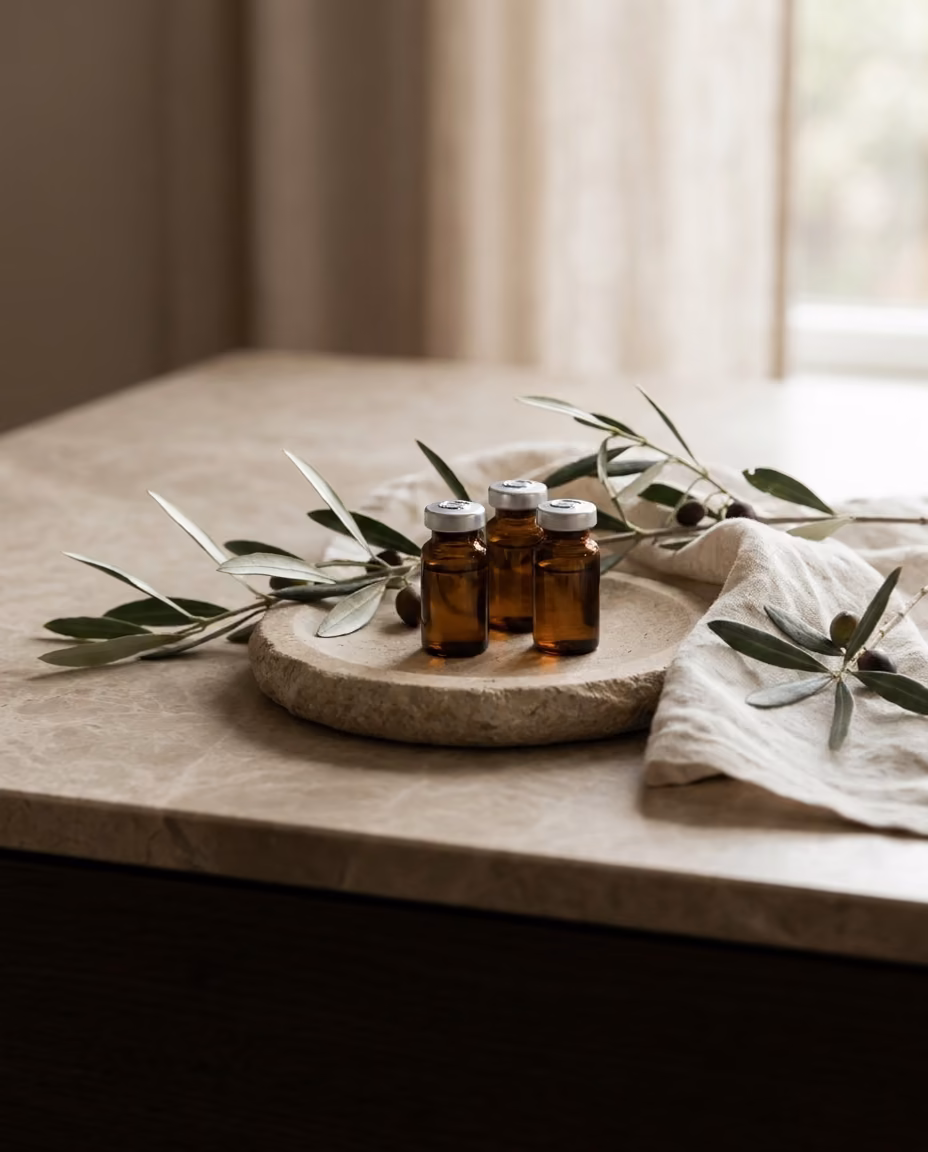 Three small unlabeled amber glass vials on a round wooden dish with an olive branch and folded cream linen