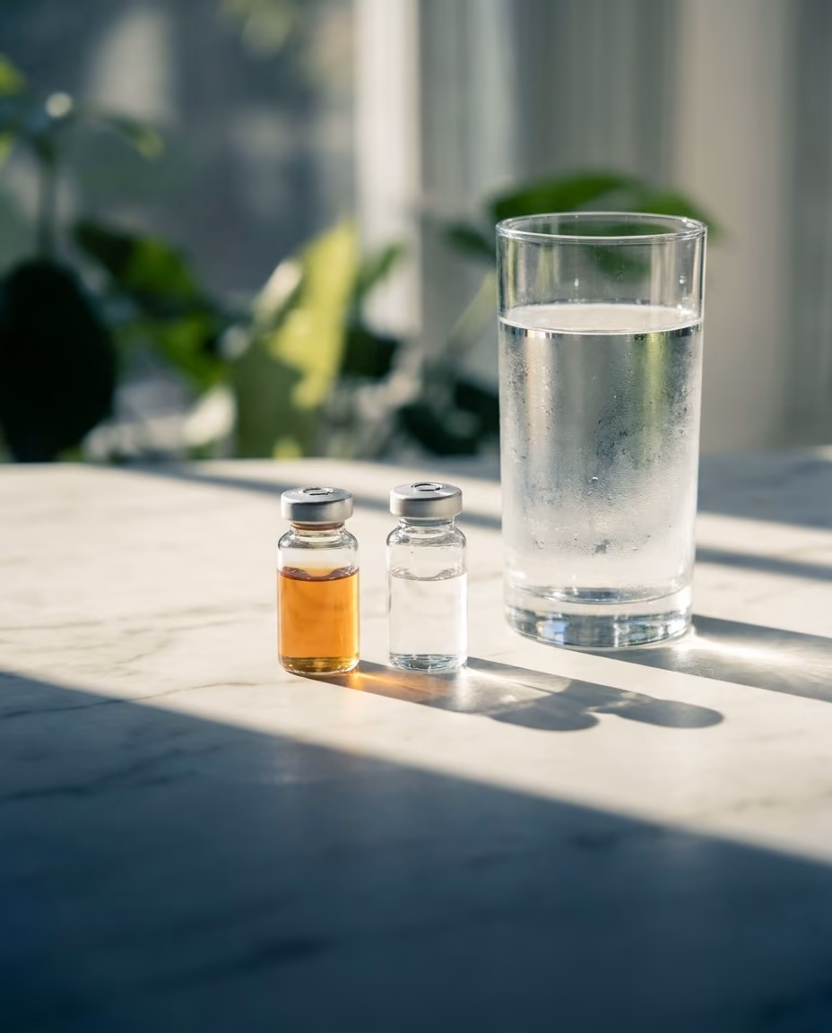 Two small unlabeled glass vials, one holding pale amber fluid and one clear, standing in bright morning light beside a tall glass of water