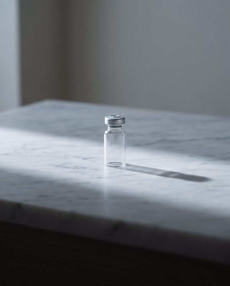 A single small unlabeled clear glass vial standing alone on pale marble in a shaft of daylight, its shadow long and clean