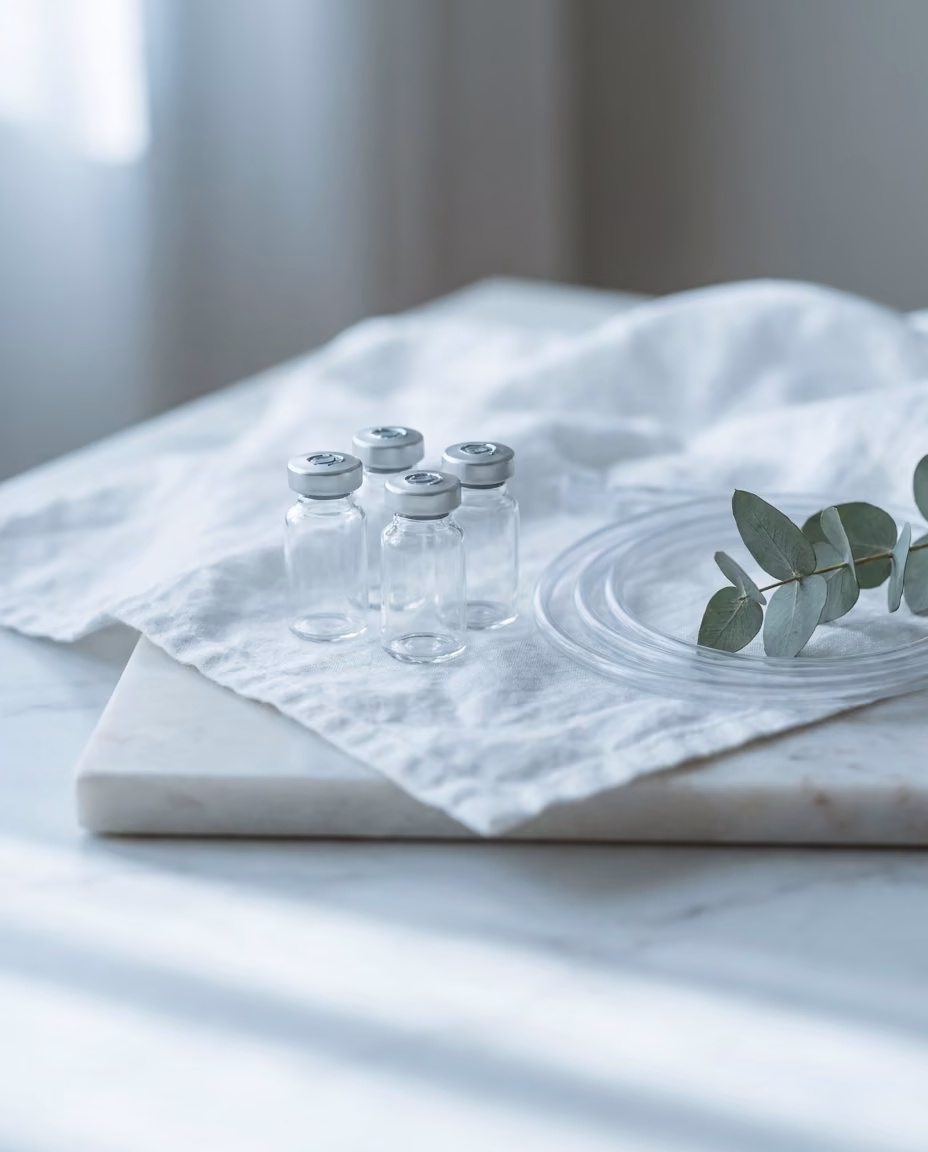 Four small unlabeled glass vials resting on soft folded white linen over pale marble, with a sprig of eucalyptus alongside
