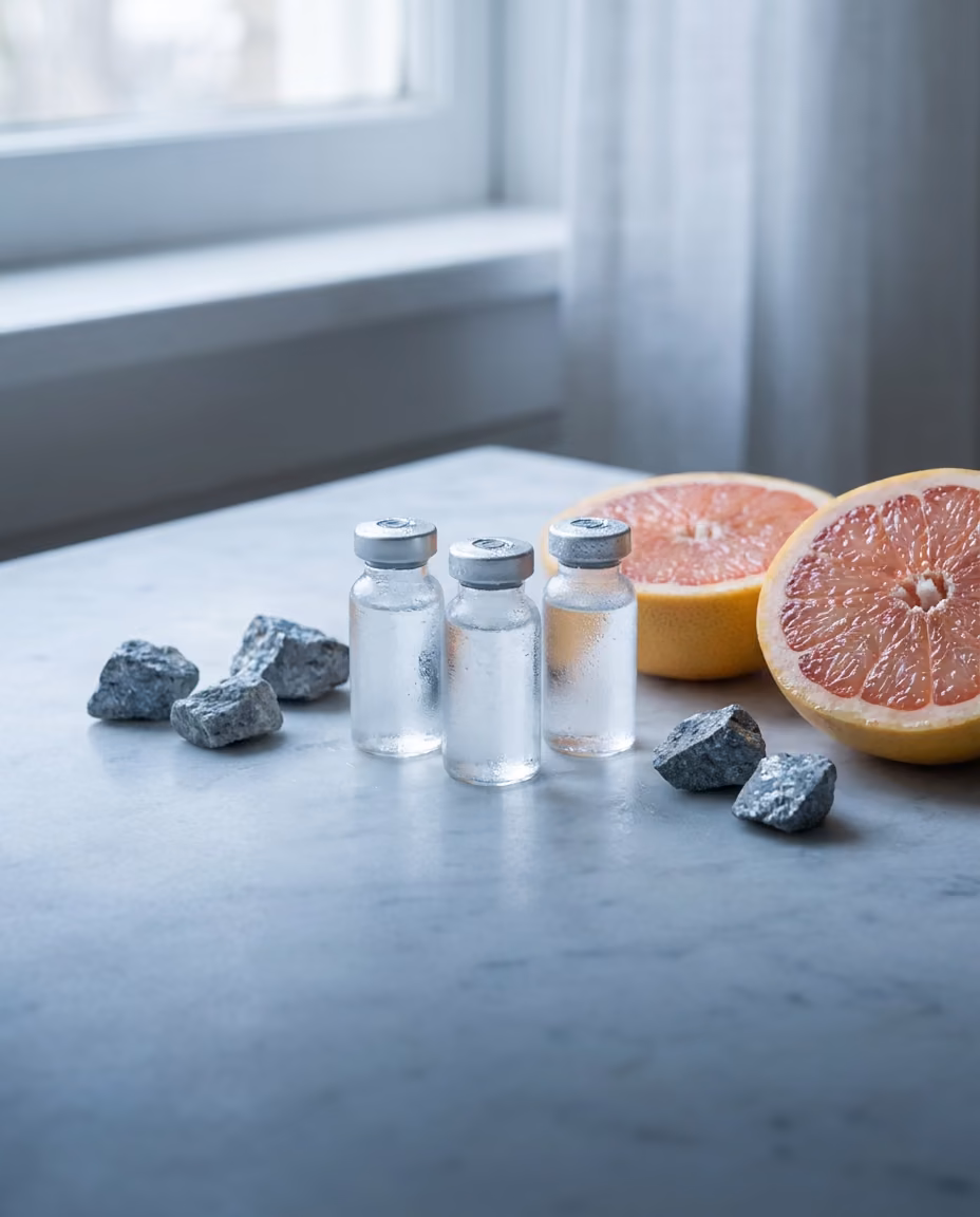 Three small unlabeled glass vials on pale marble beside two halved citrus fruits and a scattering of gray mineral stones