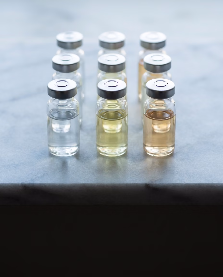 Nine small unlabeled glass vials arranged in three neat rows on a pale marble slab, their fluids ranging from clear through pale amber