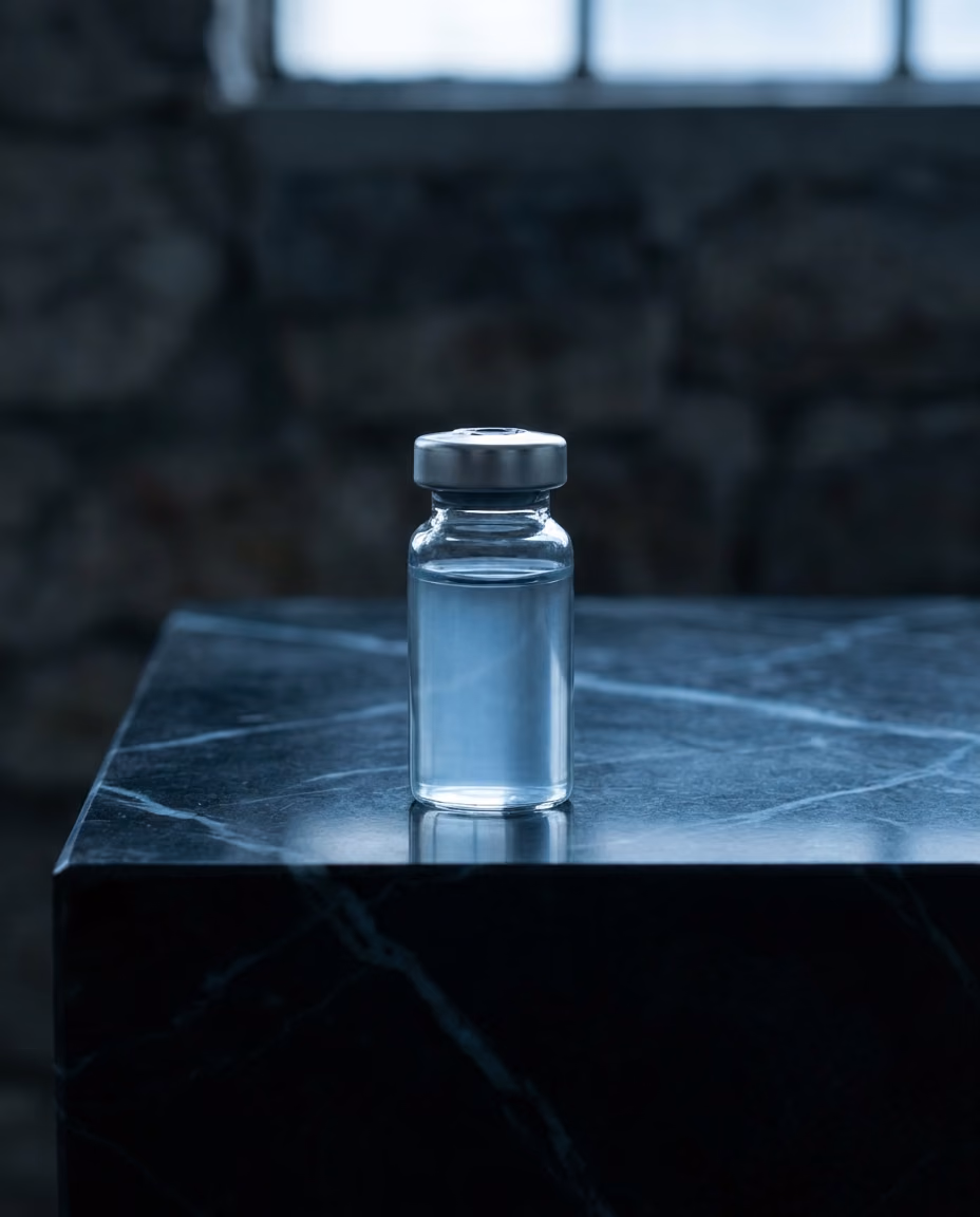A single small unlabeled glass vial on dark veined marble, lit from behind so the fluid glows faintly steel blue