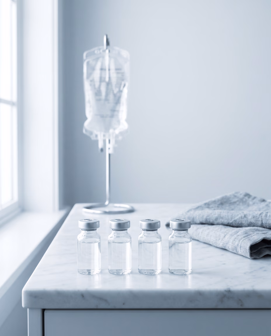 Four small unlabeled glass vials on pale marble in cool morning light, an intravenous bag and stand soft-focused behind them