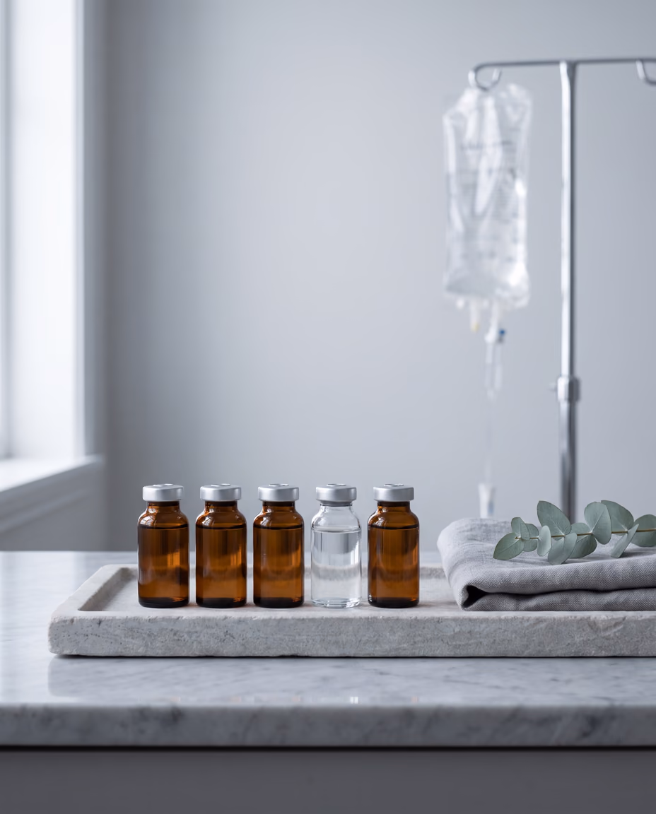 Five small unlabeled glass vials in a row on a pale stone tray beside folded gray linen and a eucalyptus sprig, with an intravenous bag soft-focused on a stand behind