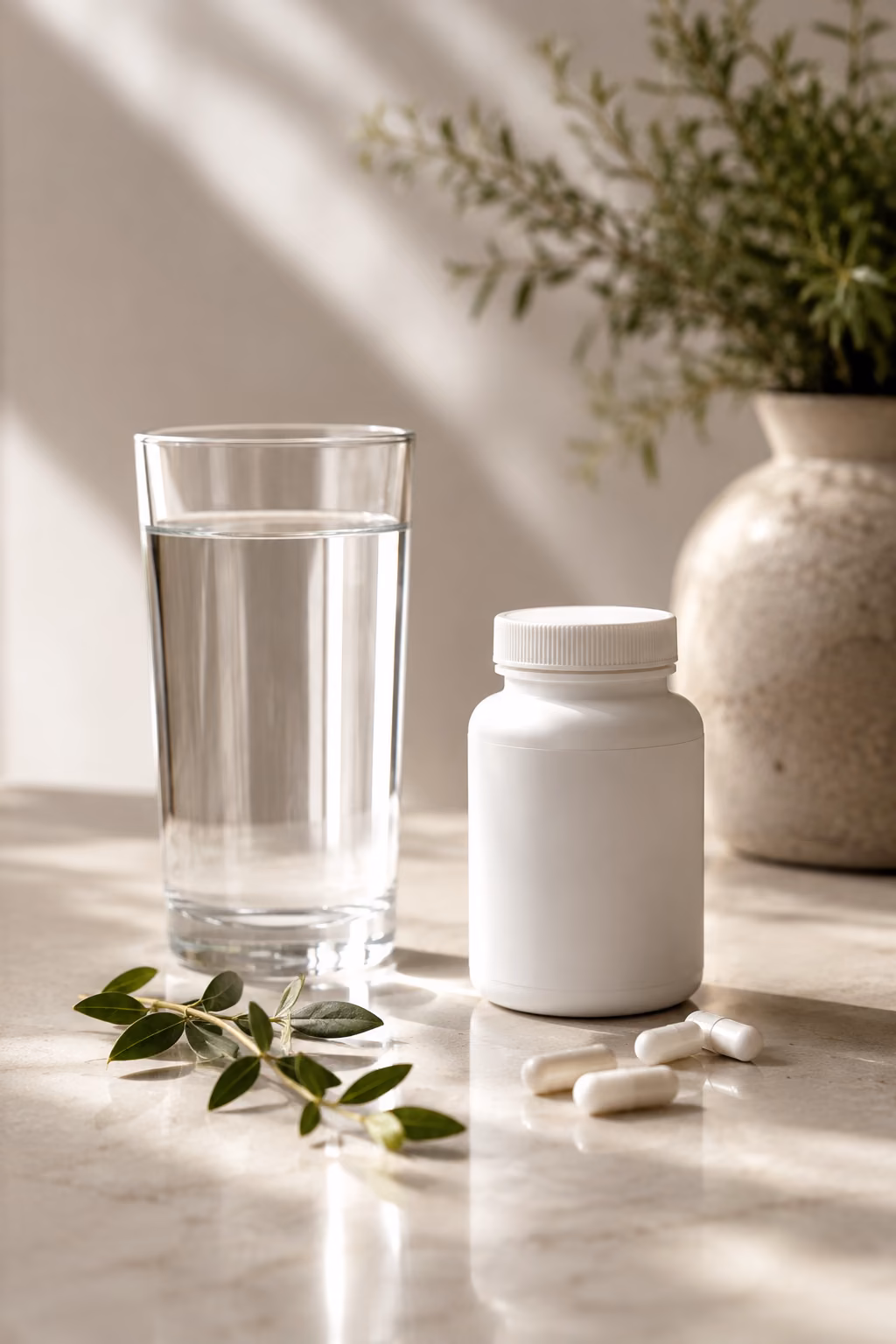 A glass of water beside a plain white bottle and a few loose capsules on pale marble, with a sprig of greenery
