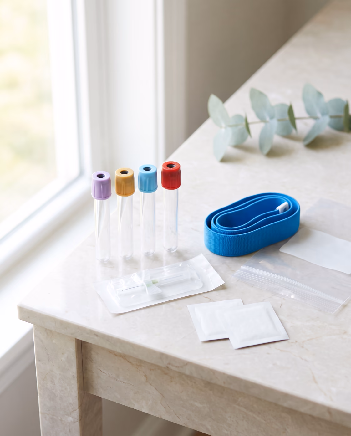 Four empty capped specimen tubes standing on pale marble beside a coiled tourniquet, a sealed needle set, alcohol wipes and a clear transport bag